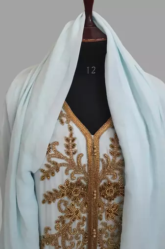 Sky-Blue color Handmade Moroccan Kaftan with hijjab
