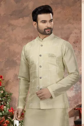 Musterd yellow silk dupion jacket kurta set