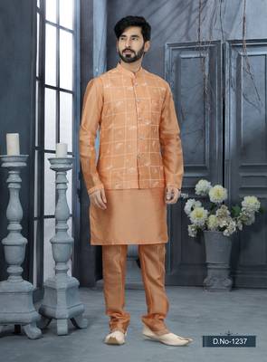 Peach silk dupion jacket kurta set 1