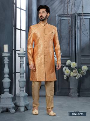 Peach havy zari work jackard   indo western sherwani 1