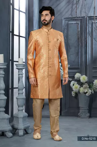 Peach havy zari work jackard   indo western sherwani