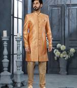 Peach havy zari work jackard   indo western sherwani