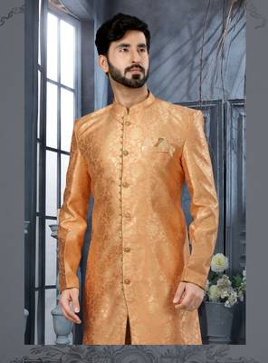 Peach havy zari work jackard   indo western sherwani 2