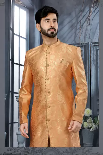 Peach havy zari work jackard   indo western sherwani