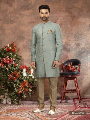 Sky blue havy zari work jackard   indo western sherwani 1