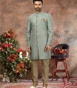 Sky blue havy zari work jackard   indo western sherwani
