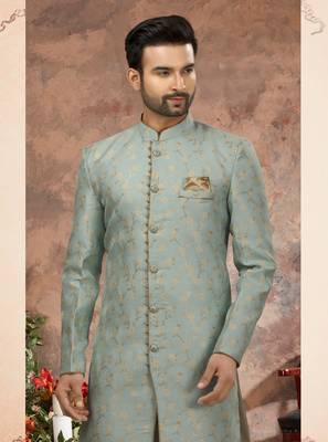 Sky blue havy zari work jackard   indo western sherwani 2