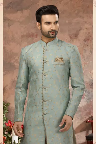 Sky blue havy zari work jackard   indo western sherwani