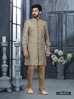 Gray havy zari work jackard   indo western sherwani 1