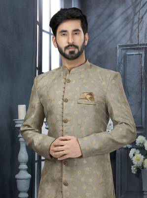 Gray havy zari work jackard   indo western sherwani 2