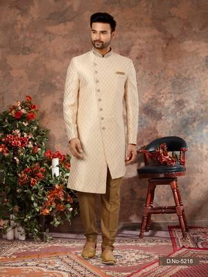 Cream havy jackard with zari hand work  indo western sherwani 1