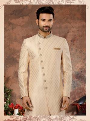 Cream havy jackard with zari hand work  indo western sherwani 2