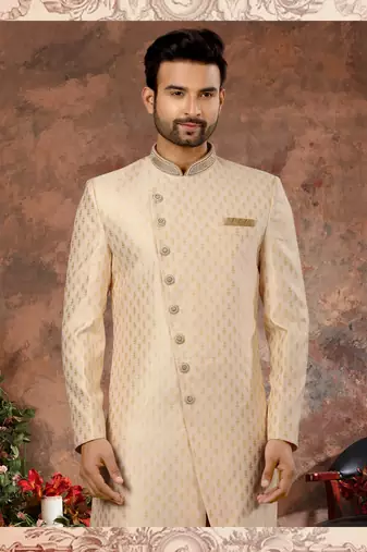 Cream havy jackard with zari hand work  indo western sherwani