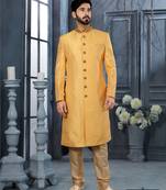 Yellow havy jackard with zari hand work  indo western sherwani