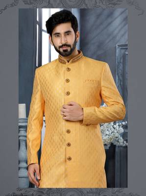 Yellow havy jackard with zari hand work  indo western sherwani 2