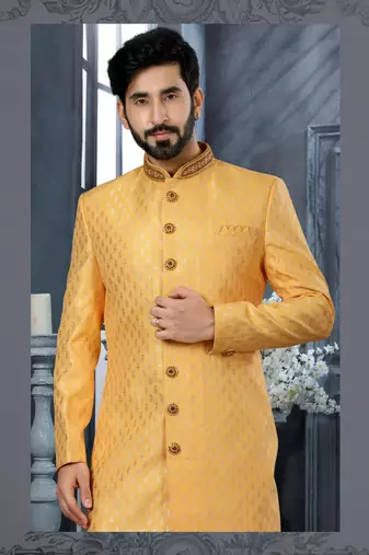 Yellow havy jackard with zari hand work  indo western sherwani