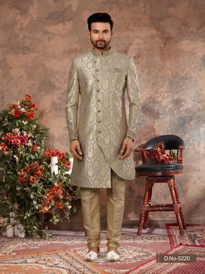 Gray & gold havy jackard with zari hand work  indo western sherwani 1