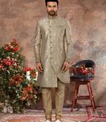 Gray & gold havy jackard with zari hand work  indo western sherwani