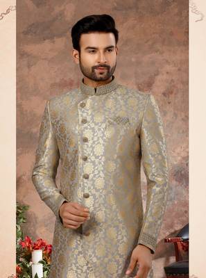 Gray & gold havy jackard with zari hand work  indo western sherwani 2