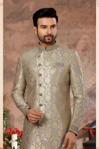 Gray & gold havy jackard with zari hand work  indo western sherwani