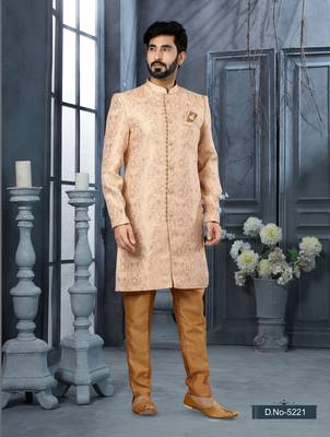 Pink & cream havy zari work jackard   indo western sherwani 1