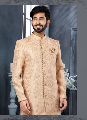 Pink & cream havy zari work jackard   indo western sherwani 2