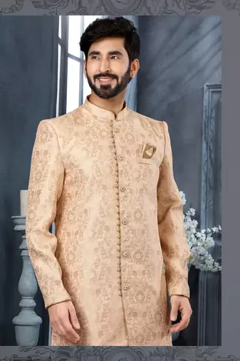 Pink & cream havy zari work jackard   indo western sherwani