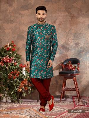 Rama green jackard digital printed zari stone hand work  indo western sherwani 1