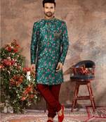 Rama green jackard digital printed zari stone hand work  indo western sherwani