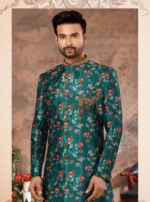 Rama green jackard digital printed zari stone hand work  indo western sherwani 2