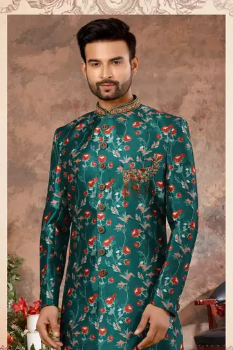 Rama green jackard digital printed zari stone hand work  indo western sherwani