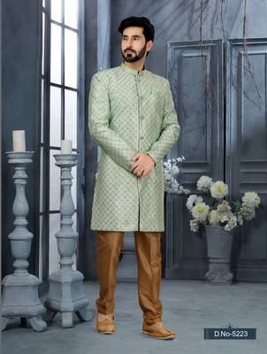 Firozi jackard zari stone with thread work  indo western sherwani 1