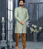 Firozi jackard zari stone with thread work  indo western sherwani