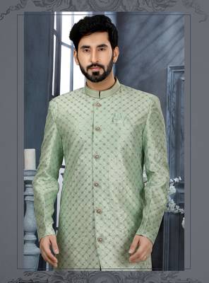 Firozi jackard zari stone with thread work  indo western sherwani 2