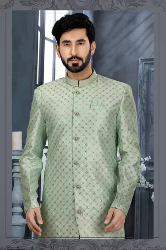 Firozi jackard zari stone with thread work  indo western sherwani