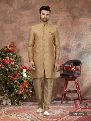 Cheekoo & pink havy zari work jackard   indo western sherwani 1