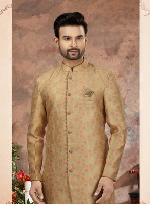 Cheekoo & pink havy zari work jackard   indo western sherwani 2
