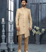 Cream havy resham jackard   indo western sherwani