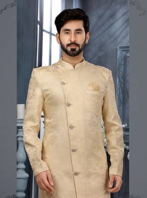 Cream havy resham jackard   indo western sherwani 2