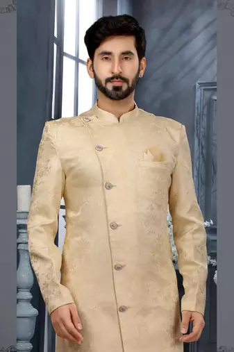 Cream havy resham jackard   indo western sherwani
