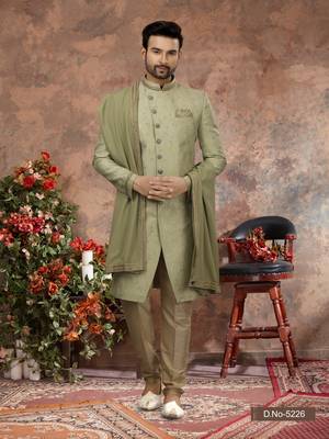 Mehandi havy zari work jackard   indo western sherwani 1