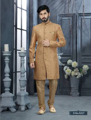 Peach havy zari work jackard   indo western sherwani 1