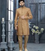 Peach havy zari work jackard   indo western sherwani