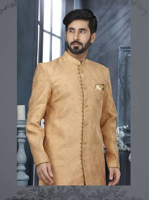 Peach havy zari work jackard   indo western sherwani 2