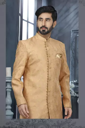 Peach havy zari work jackard   indo western sherwani