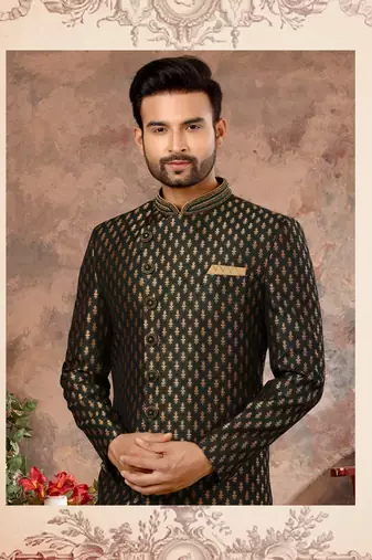 Bottle green havy jackard with zari hand work  indo western sherwani