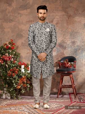 Off white & black jackard digital printed with thread work  indo western sherwani 1
