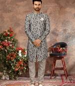 Off white & black jackard digital printed with thread work  indo western sherwani
