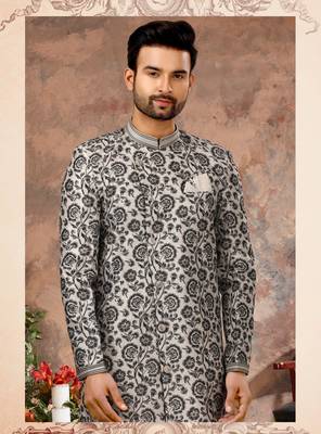 Off white & black jackard digital printed with thread work  indo western sherwani 2