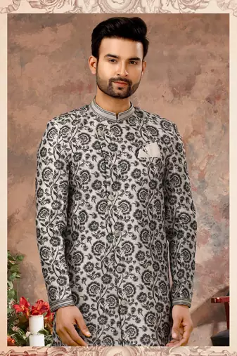 Off white & black jackard digital printed with thread work  indo western sherwani